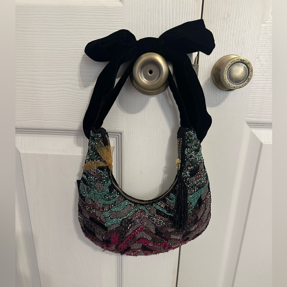 NWT Viral Multicolor Beaded Women's Bag with Velvet Bow Strap